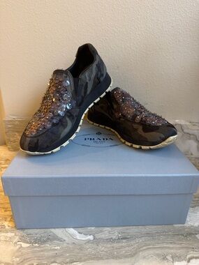 Prada Black & Gray Camouflage Jeweled Slip-On Sneakers